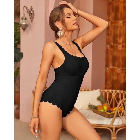 Women's Black Scalloped Ribbed One Piece Retro Square Neck Modest Swimsuits - Picture 9 of 9